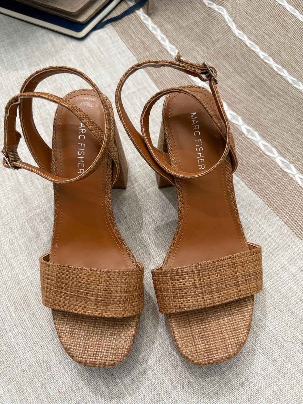 Marc Fisher Tan Woven Ankle-Strap Block Heels